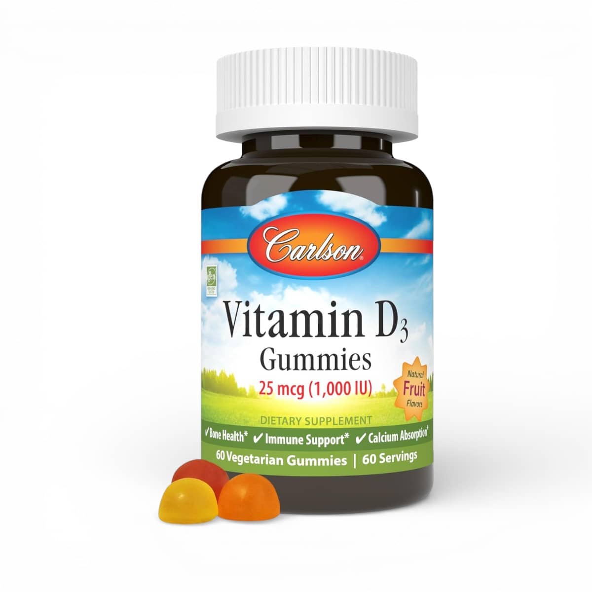 Carlson, Vitamin D3 Gummies, Natural Fruit, 25 mcg (1,000 IU), 60 Vegetarian Gummies 1