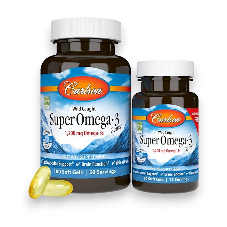 Carlson, Wild Caught Super Omega-3 Gems®, 1,200 mg, 100 + 30 Soft Gels (600 mg per Soft Gel) 1