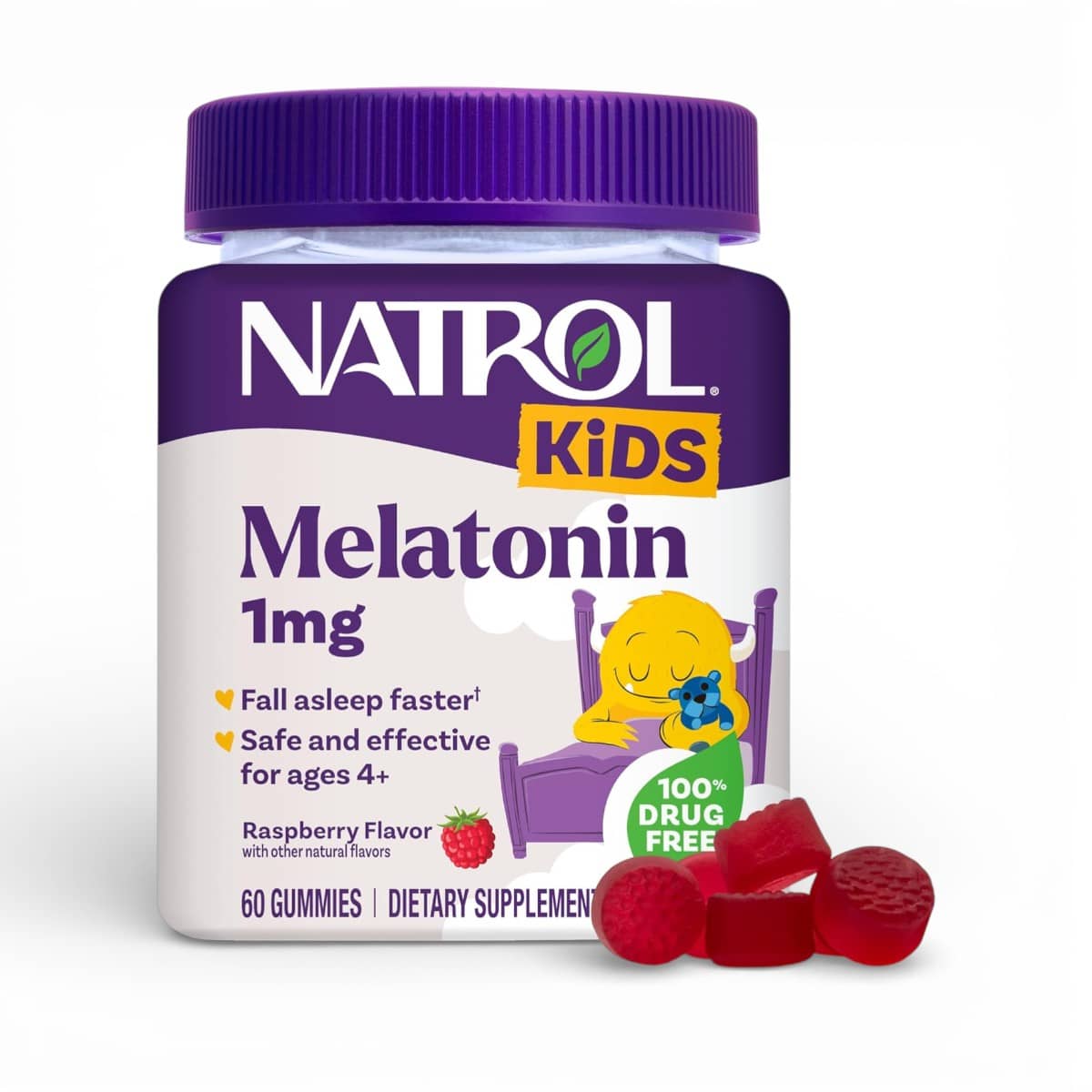 Natrol, Kids, Melatonin Gummies, Ages 4+, Raspberry, 1 mg, 60 Gummies 1