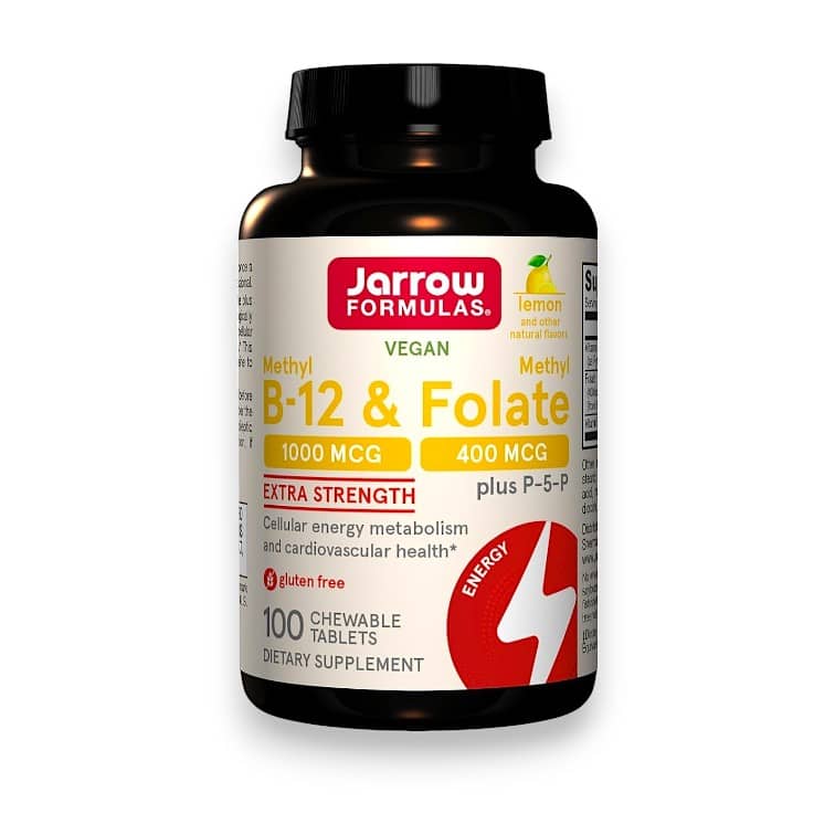 Jarrow Formulas, Vegan Methyl B-12 & Methyl Folate, Extra Strength, Lemon, 100 Chewable Tablets 1