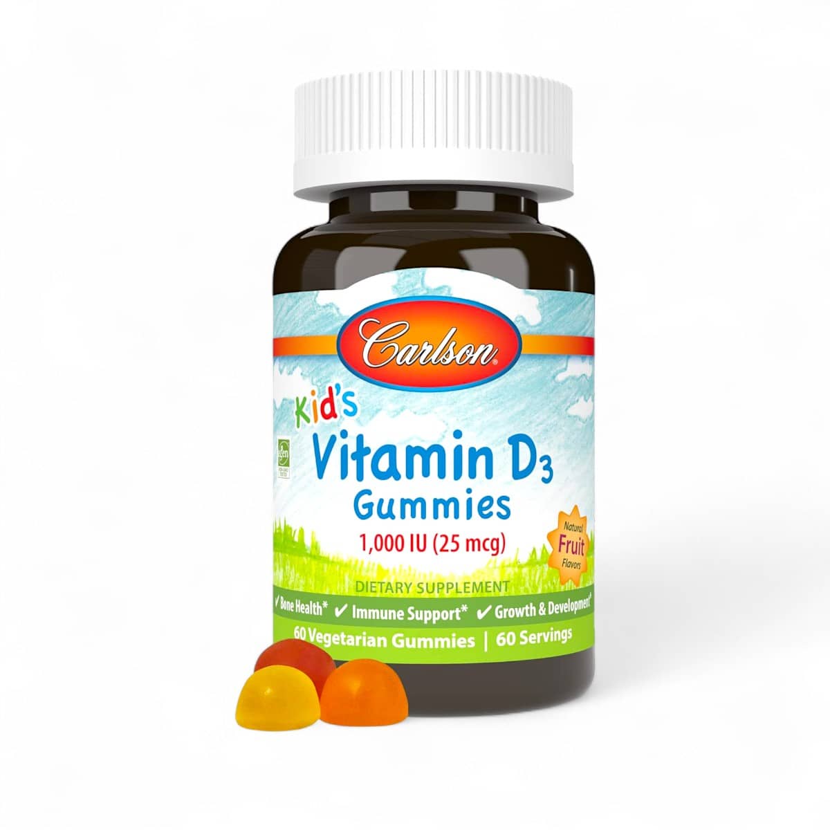 Carlson, Kid's, Vitamin D3 Gummies, Natural Fruit, 25 mcg (1,000 IU), 60 Vegetarian Gummies 1