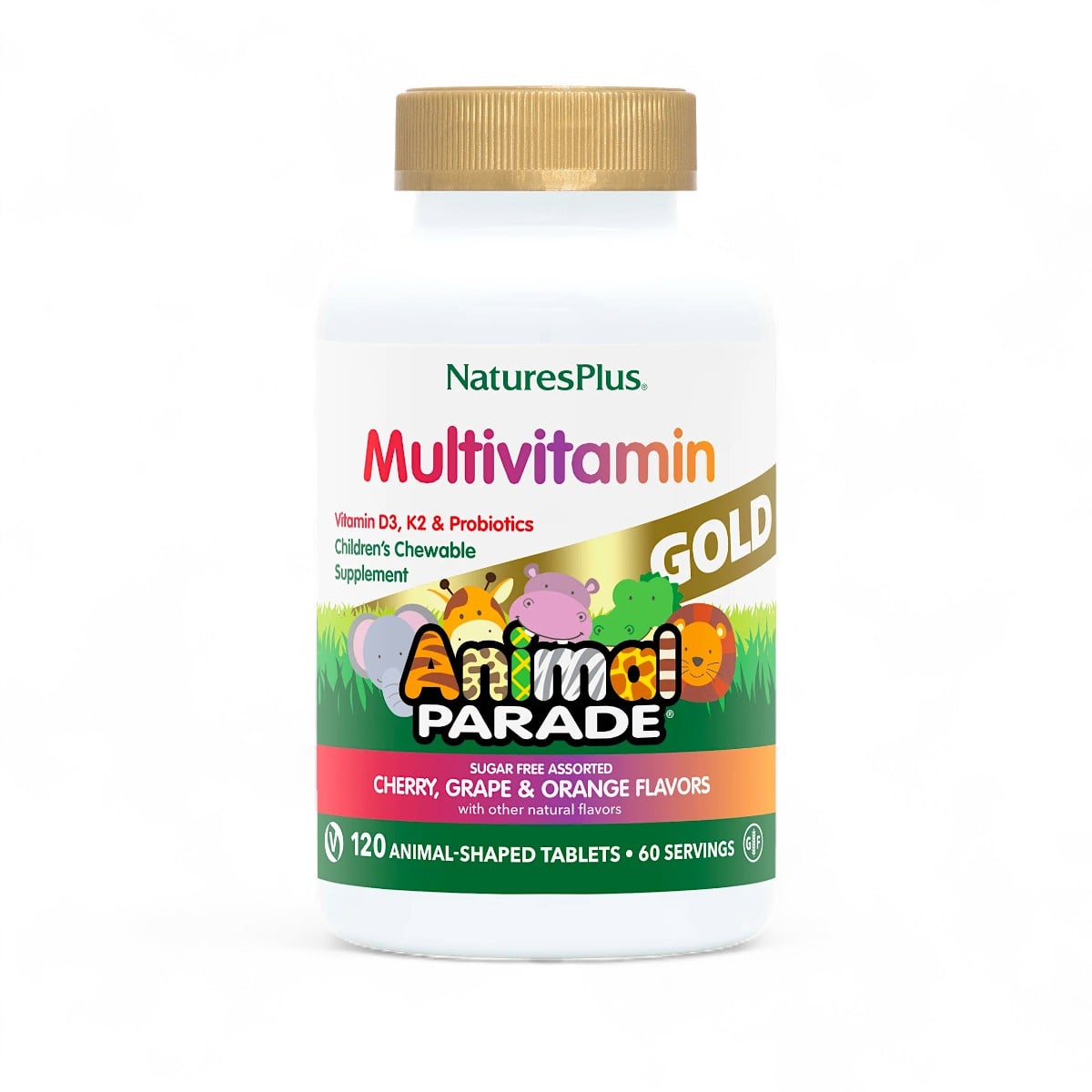NaturesPlus, Animal Parade Gold®, Children's Chewable Multivitamin Supplement, Cherry, Grape & Orange, 120 Animal-Shaped Tablets