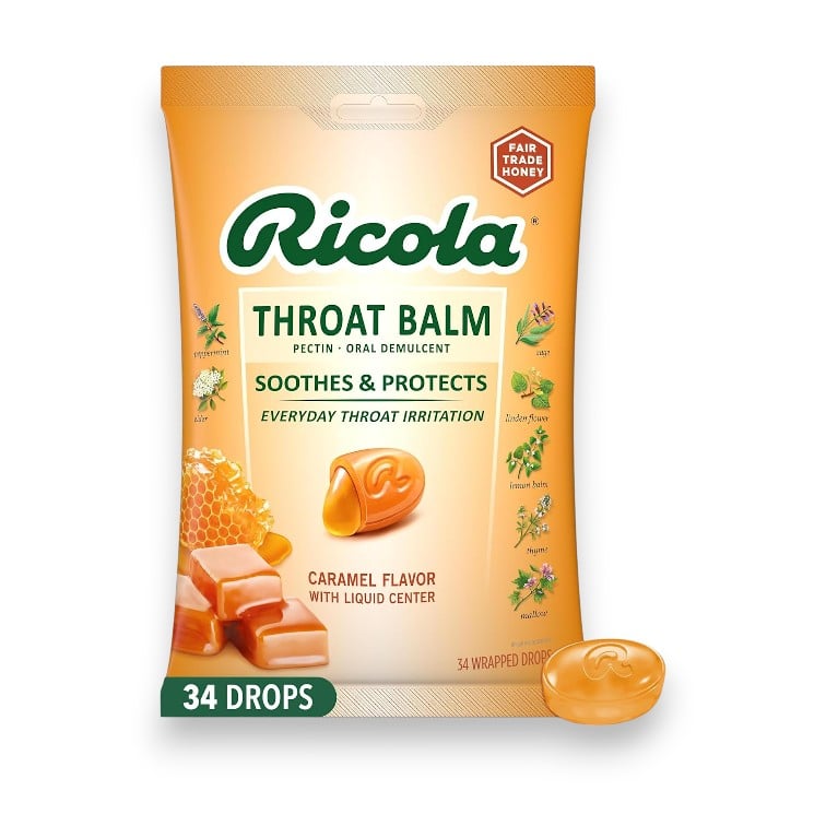 Ricola Throat Balm Caramel Throat Drops with Liquid Center, 34 Count, Coat & Protect Your Throat, Daily Throat Relief & Protection, Oral Demulcent